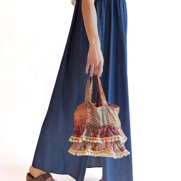 Natural Life Mini Ruffle Tote Bohemian Tote with Pom-Pom Fringe Tote Bag - Picture 4 of 11